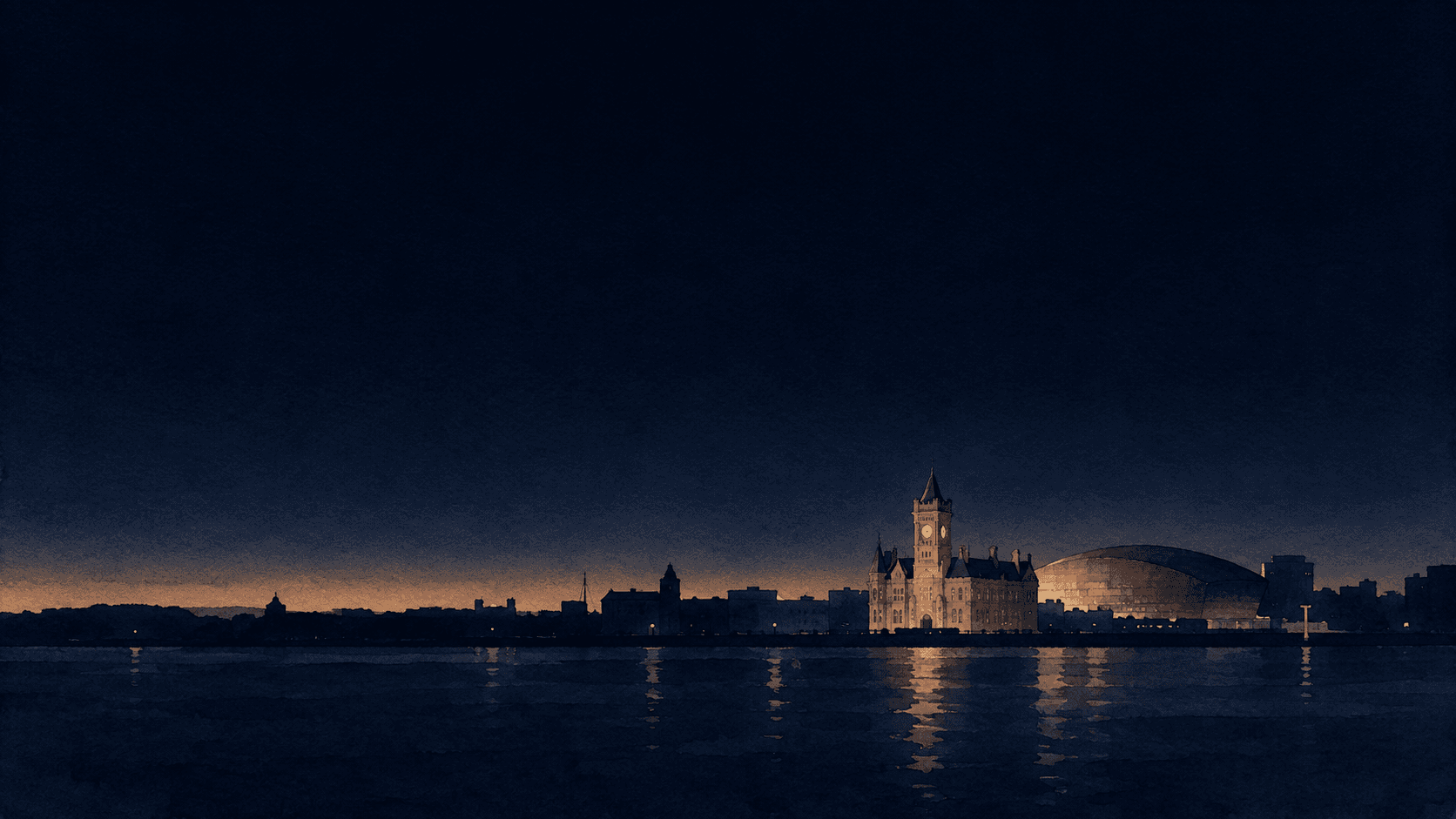 A painting of Cardiff at dusk